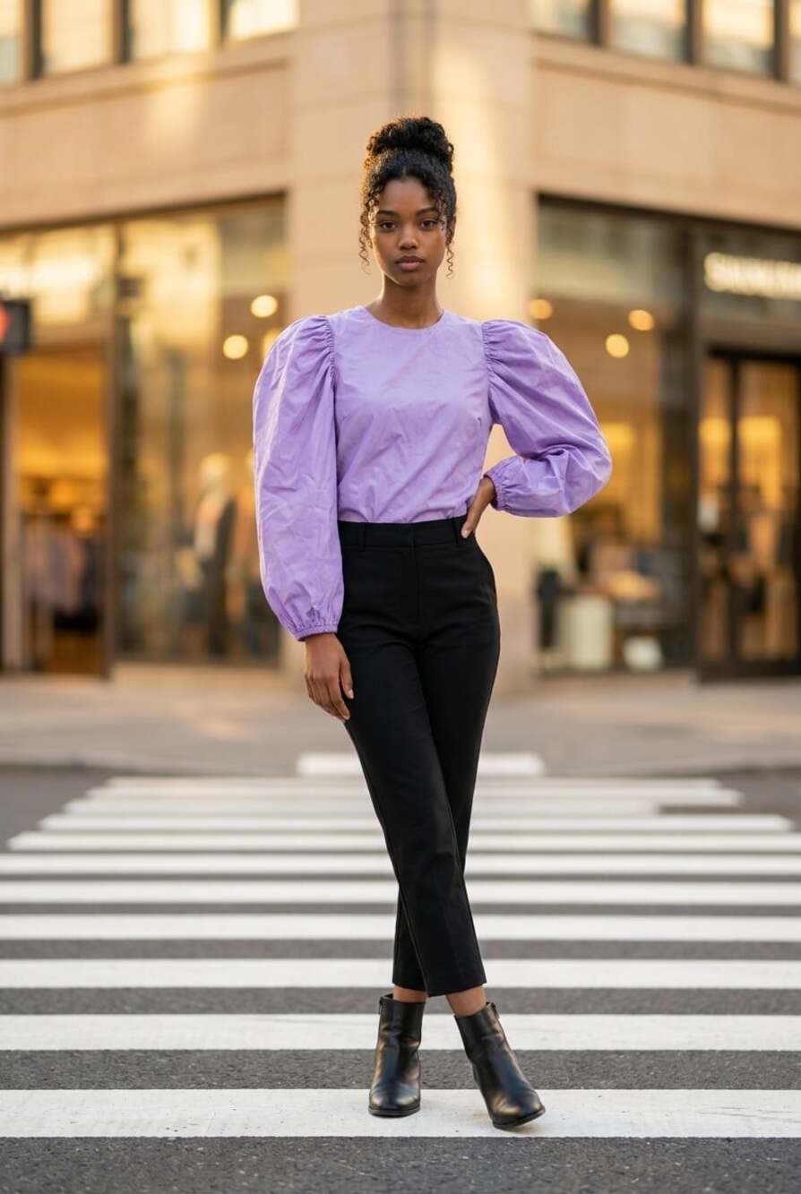 Lavender Faux Leather Puff Sleeve Round Neck Pullover Blouse Edgy Cottagecore S
